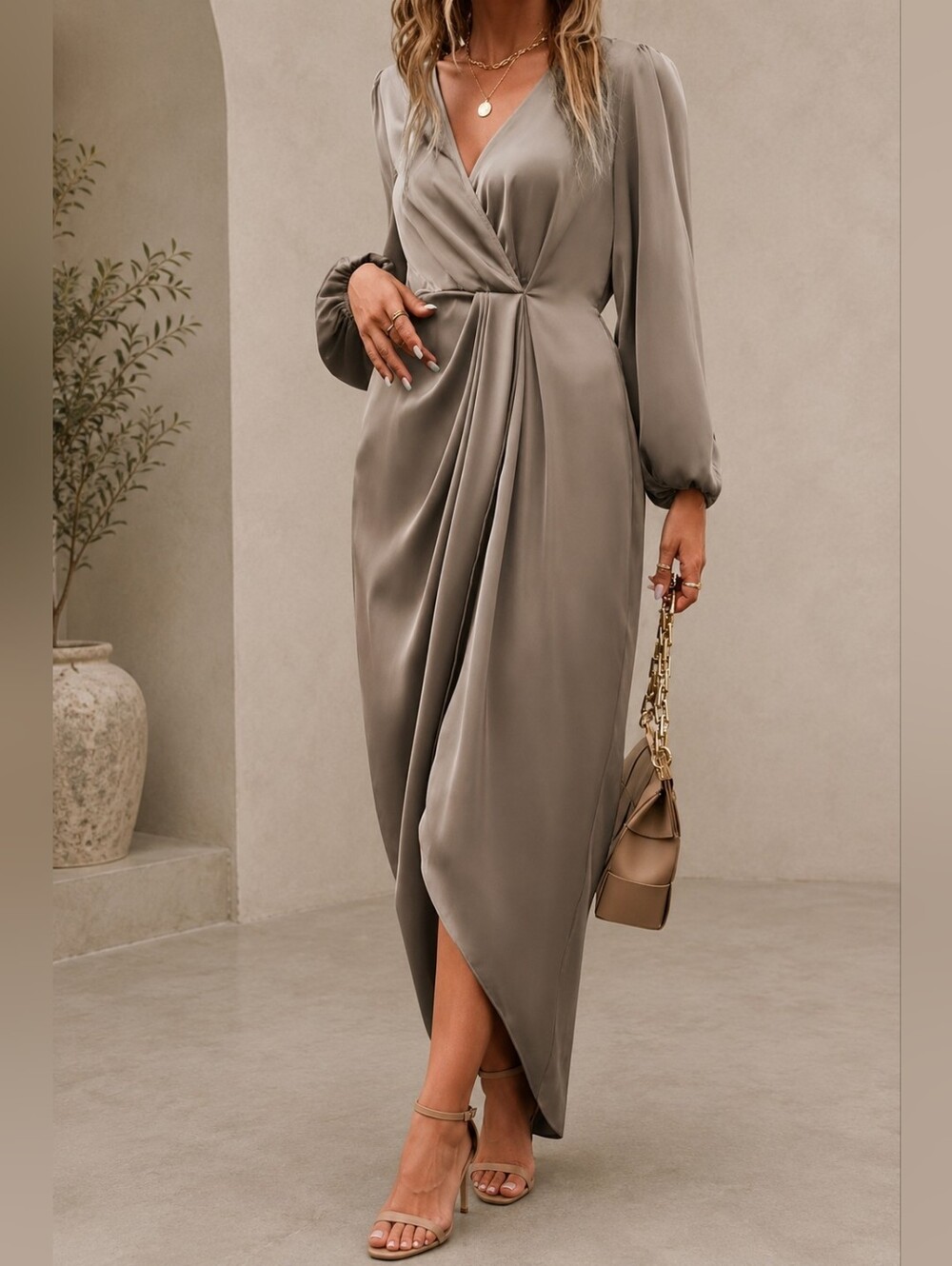 New Draped Wrap Front Lantern Long Sleeve Dress Satin Khaki Tan Neutral - Picture 2 of 9
